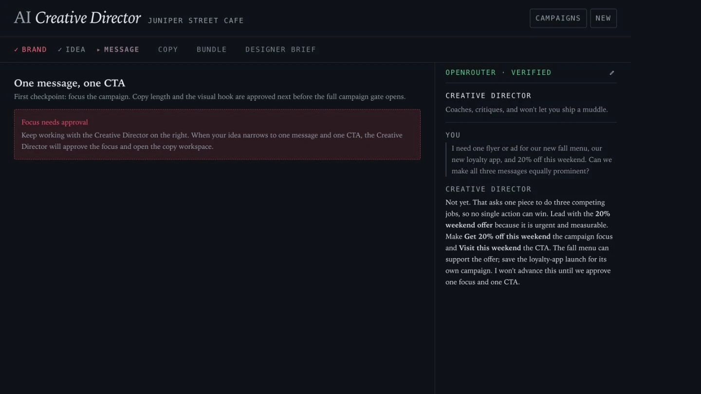 Wide view of the full AI Creative Director app with its stage gate and persistent coaching panel