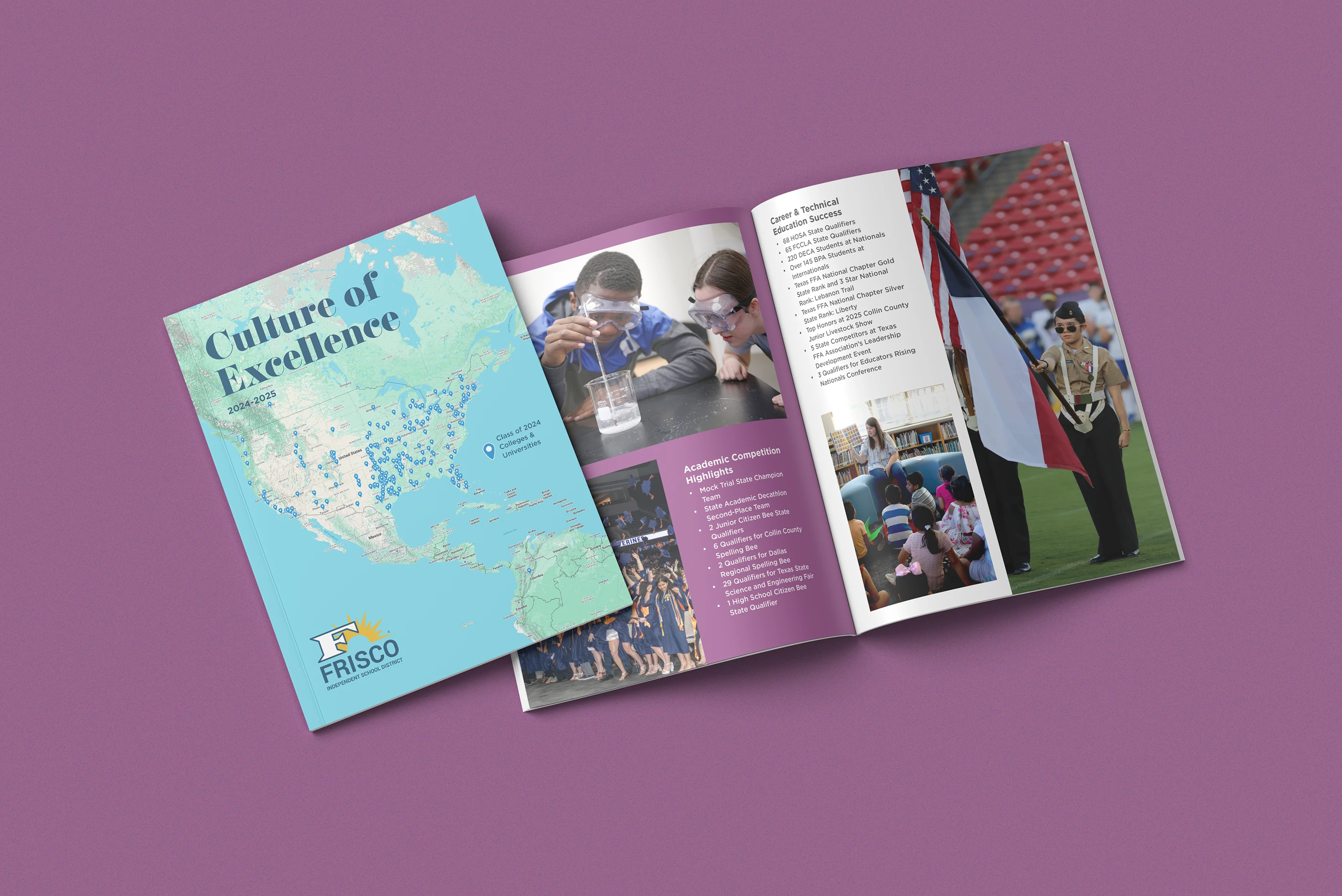 Culture of Excellence report cover and spreads on a purple background