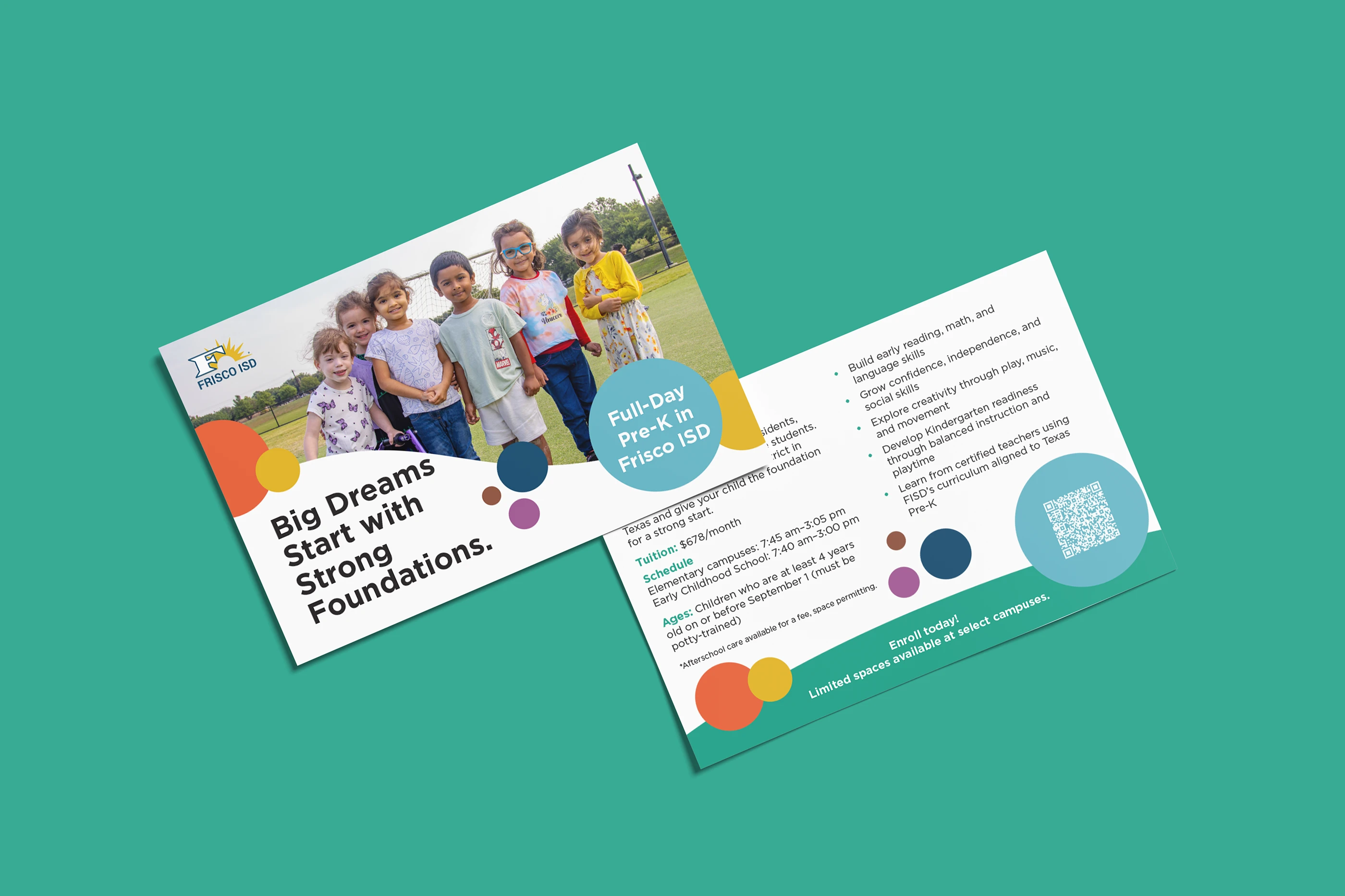 Frisco ISD Pre-K campaign brochure shown open on a teal background